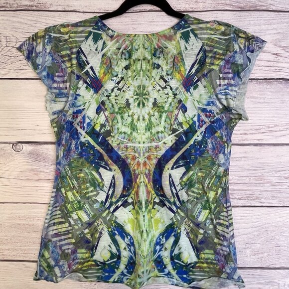 Apt 9 Blouse Size L Tie-Dye Green Blue Crochet Overlay Rhinestones V-Neck Y2K - Picture 2 of 12